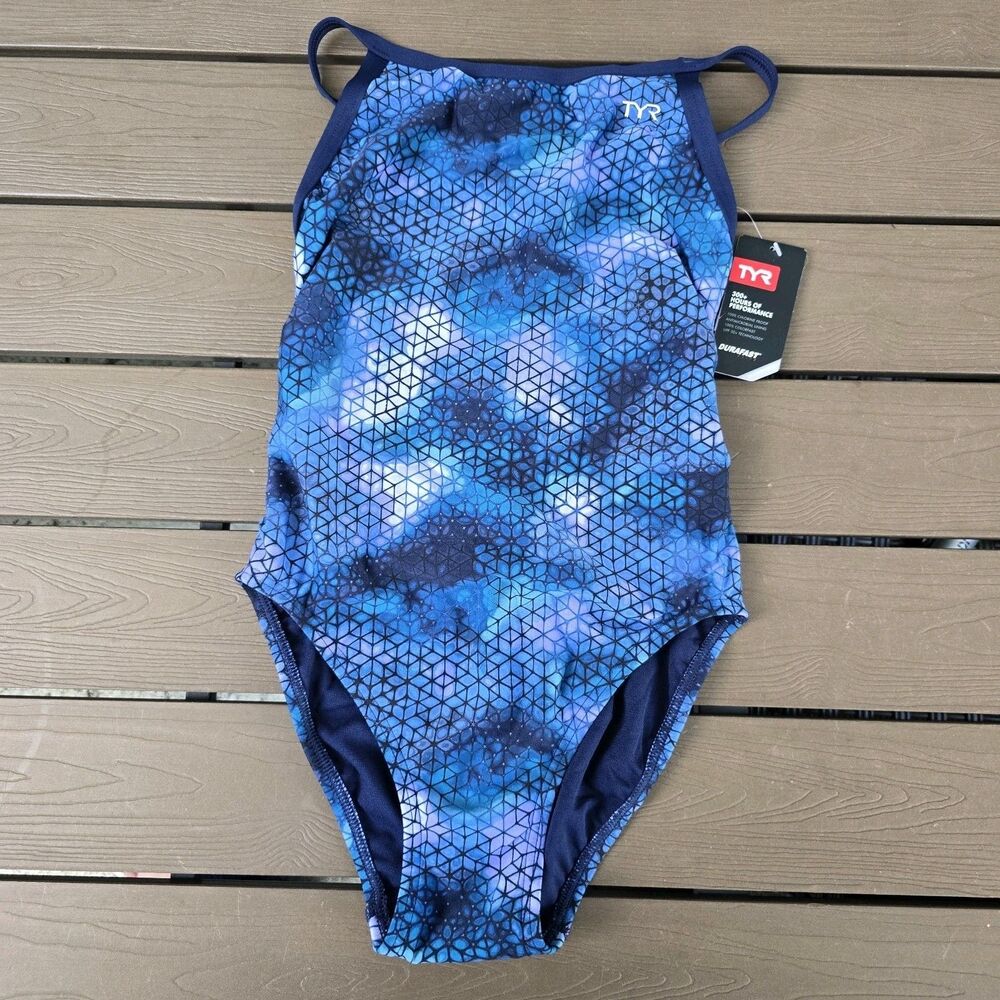 TYR Women's Durafast Elite Starhex Blue Ice Diamondfit Swimsuit Size 36 New